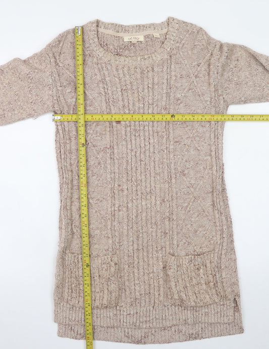 Fat Face Women Beige Knit Jumper Dress Size 8 Long Sleeve Casual Wool Blend