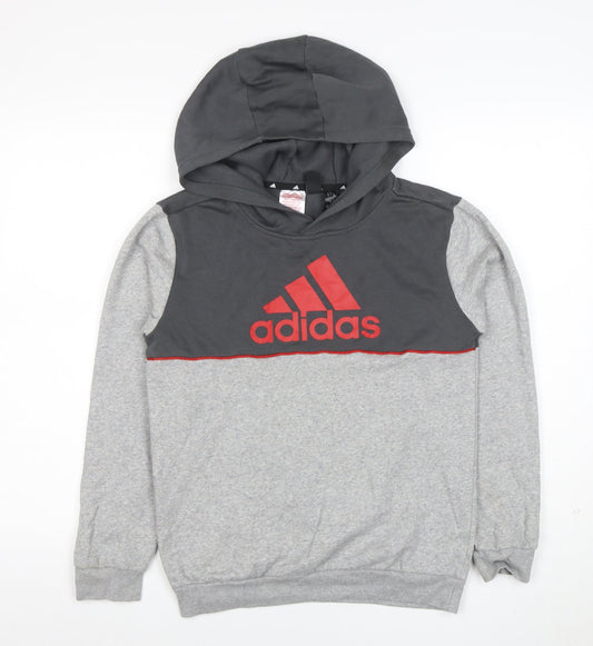 Additional front view of Adidas boys’ grey & charcoal pullover hoodie 11-12 years logo print