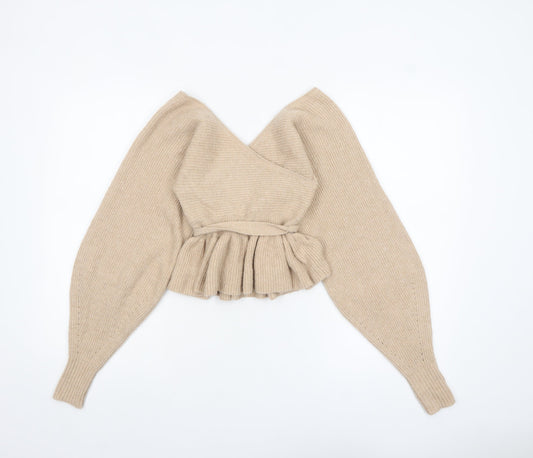 Additional front view of ASOS Design Women Beige Wrap Jumper UK 10 Belted Long Sleeve Knit