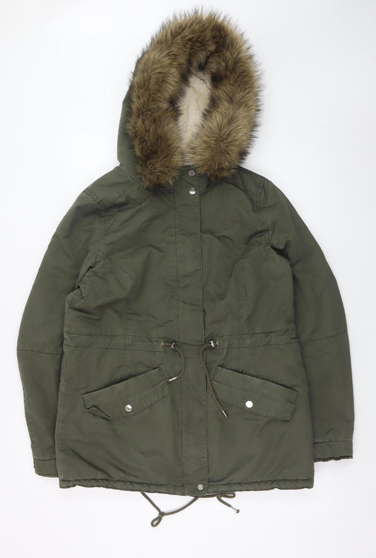 H&M Women's Green Cotton Parka Jacket with Faux Fur Hood Size 12