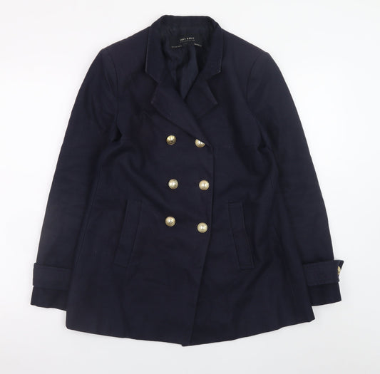 Zara Women's Blue Pea Coat Size 8 Double-Breasted Cotton Blend