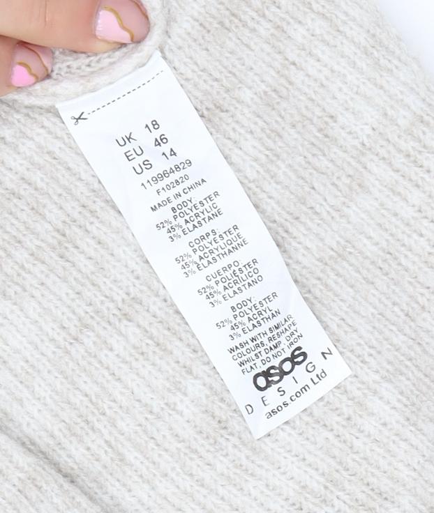 Brand and care label for ASOS Women Beige Knitted Jumper Midi Dress, size 18, Long Sleeve