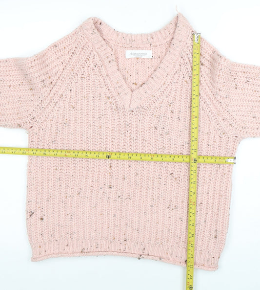 Stradivarius Women Pink V-Neck Chunky-Knit Jumper Size 8