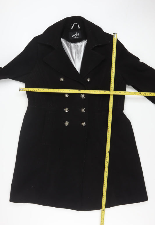 Wallis Women’s Black Long Pea Coat UK 16 Lined Button Classic Style
