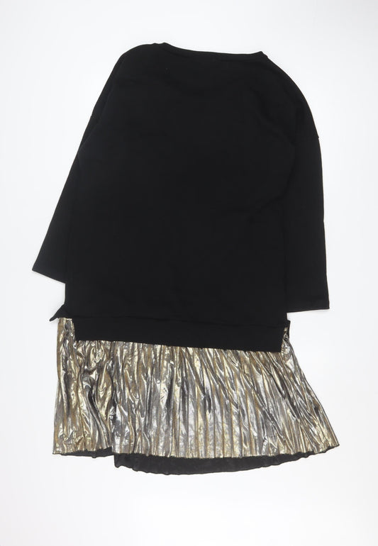 Sans Souci Women's Black Gold Shift Dress L Long Sleeve Pleated Hem