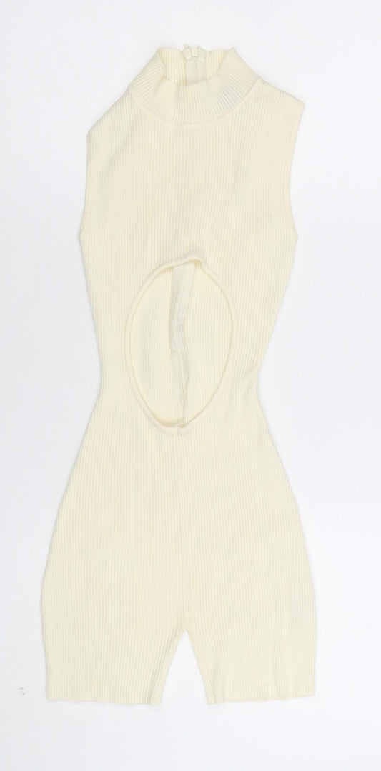 PrettyLittleThing Women’s Ivory Ribbed Short Sleeve Jumpsuit XS