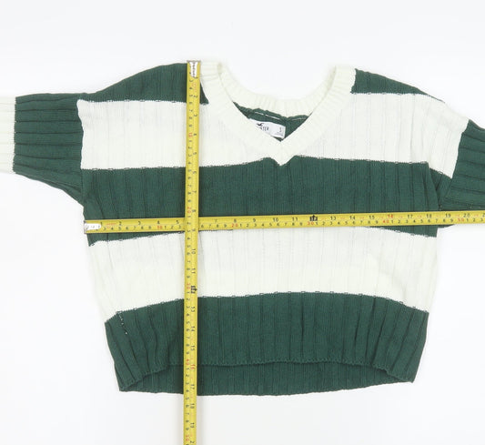 Hollister Women's Green White Striped Knit V-Neck Jumper Size S
