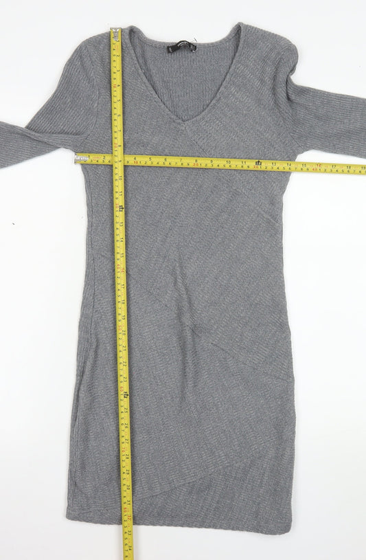 Mango Women Grey V-Neck Knit Bodycon Dress Size 12
