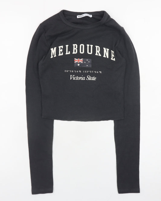 Bershka Womens Black Cropped Long Sleeve Melbourne T-Shirt Size S