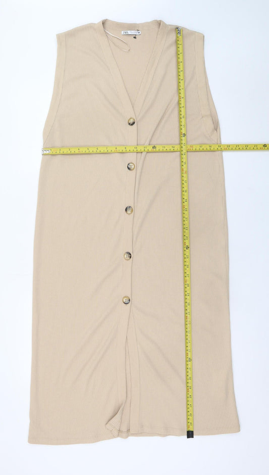 ZARA Women’s Beige Knit Midi Shift Dress XL Sleeveless Button Front