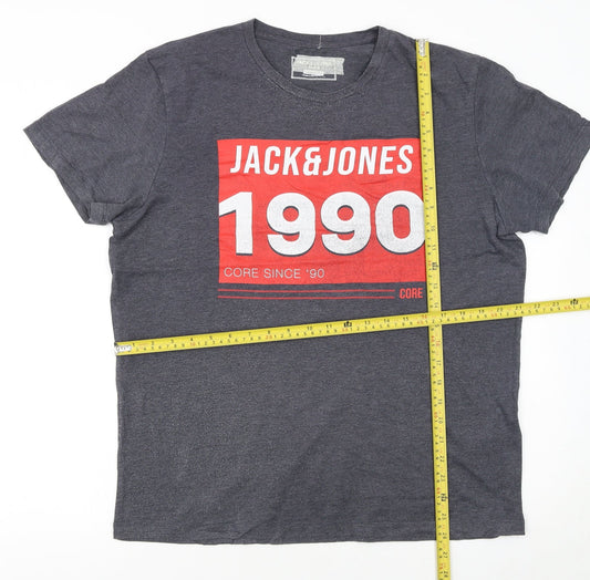 Jack & Jones Men's Grey 1990 Retro Graphic Crew Neck T-Shirt L Regular Fit