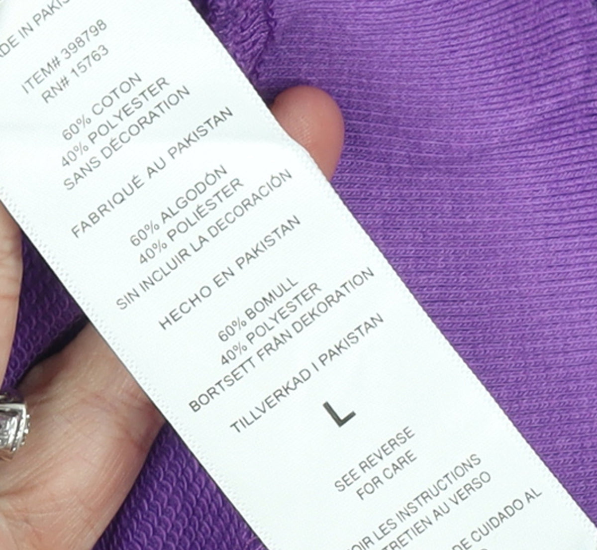 Additional view of Champion girls’ purple crew neck sweatshirt, size L, cotton blend logo print