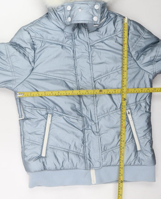 Topshop Womens Silver Puffer Jacket Hooded Faux Fur Trim Size 14