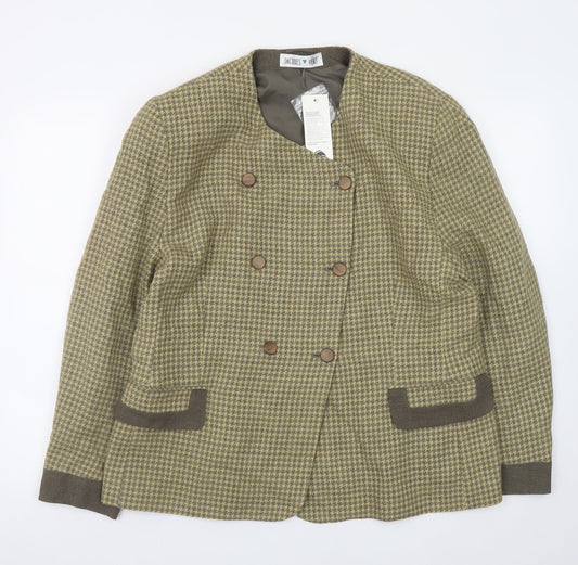 Jacques Vert Womens Green Houndstooth Blazer UK 18 Wool Blend Lined Double Breasted