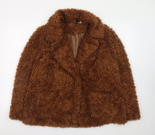H&M Divided Women’s Brown Faux Fur Coat Size 12 Winter Overcoat