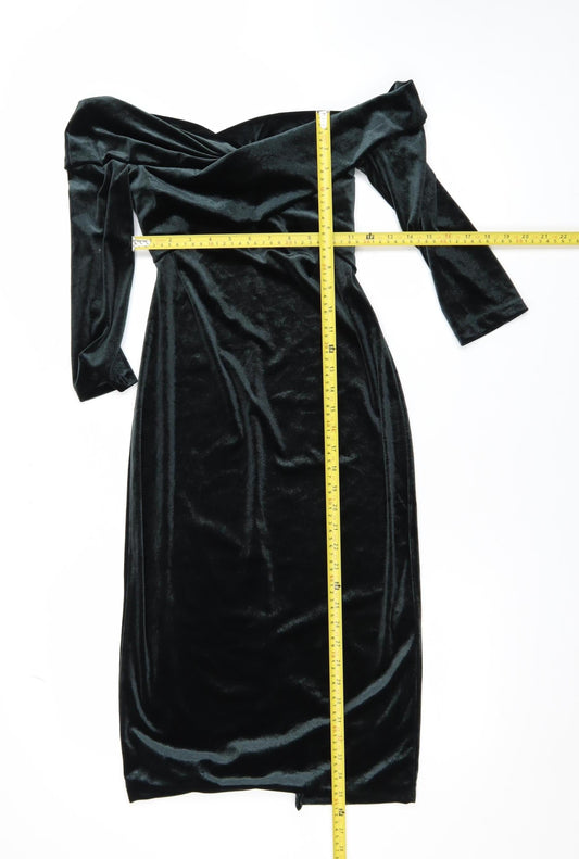 Zara Women Black Velvet Off Shoulder Midi Bodycon Dress Size 8