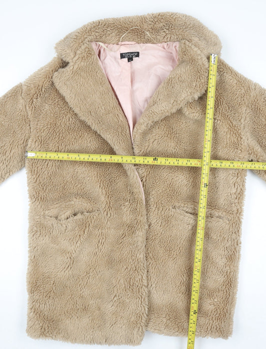 Topshop Women's Beige Faux Fur Mid-Length Coat Size 6