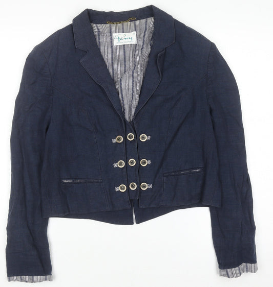 Perry Women Blue Linen Military Blazer Size 12 Cropped Jacket