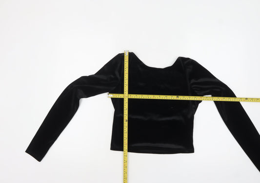 Pull&Bear Women's Black Velvet Cropped Long Sleeve Blouse Size 12