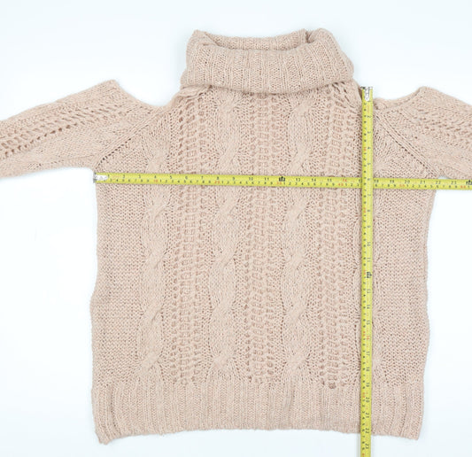 River Island Women's Beige Cold Shoulder Roll Neck Cable Knit Jumper Size 10