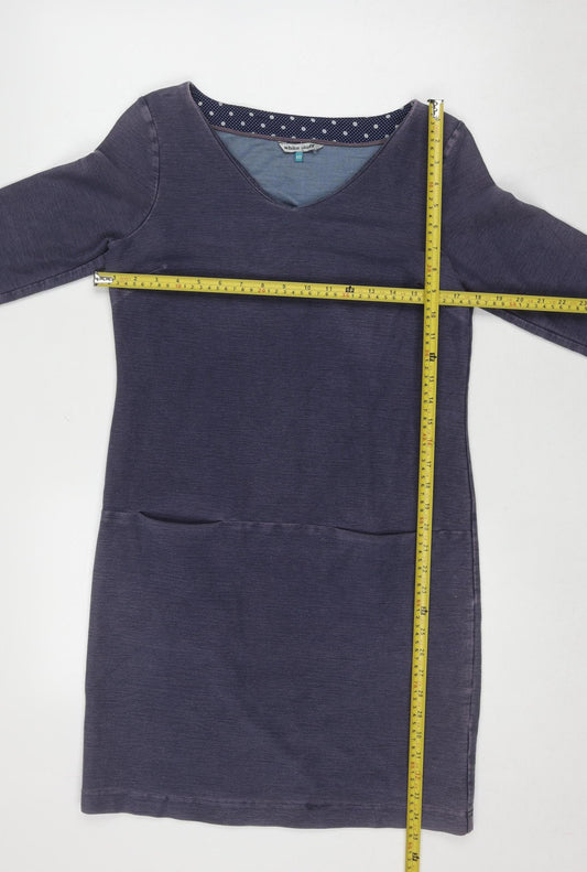 White Stuff Women's Blue Shift Dress Size 10 Cotton Blend V-Neck 3/4 Sleeve