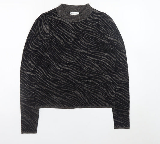 Warehouse Women's Black Metallic Animal Print High Neck Jumper Size 6