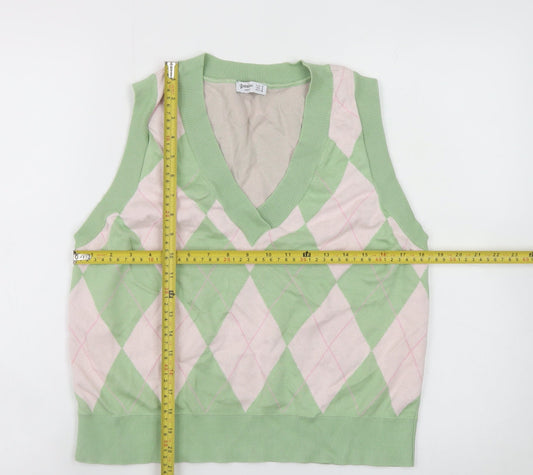 Stradivarius Women's Green Argyle Knit Sleeveless V-Neck Vest Size 8