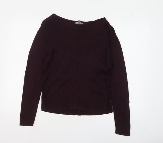 Oasis Womens Burgundy V-Neck Ribbed Knit Jumper Size L