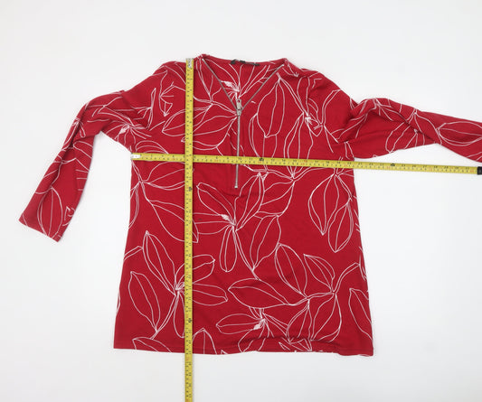 Love Leisure Women Red Floral Long Sleeve Zip Tunic Top Size 16