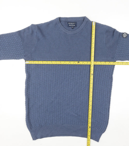 Bewley & Ritch Men’s Blue Medium Crew Neck Waffle Knit Cotton Jumper