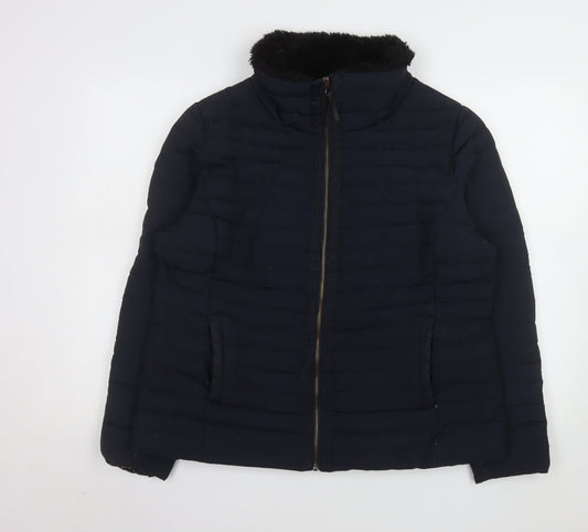Jasper Conran Women's Blue Puffer Jacket Size 18 Faux Fur Collar
