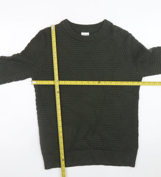 Selected Homme Men's Green Waffle-Knit Cotton Jumper Size S