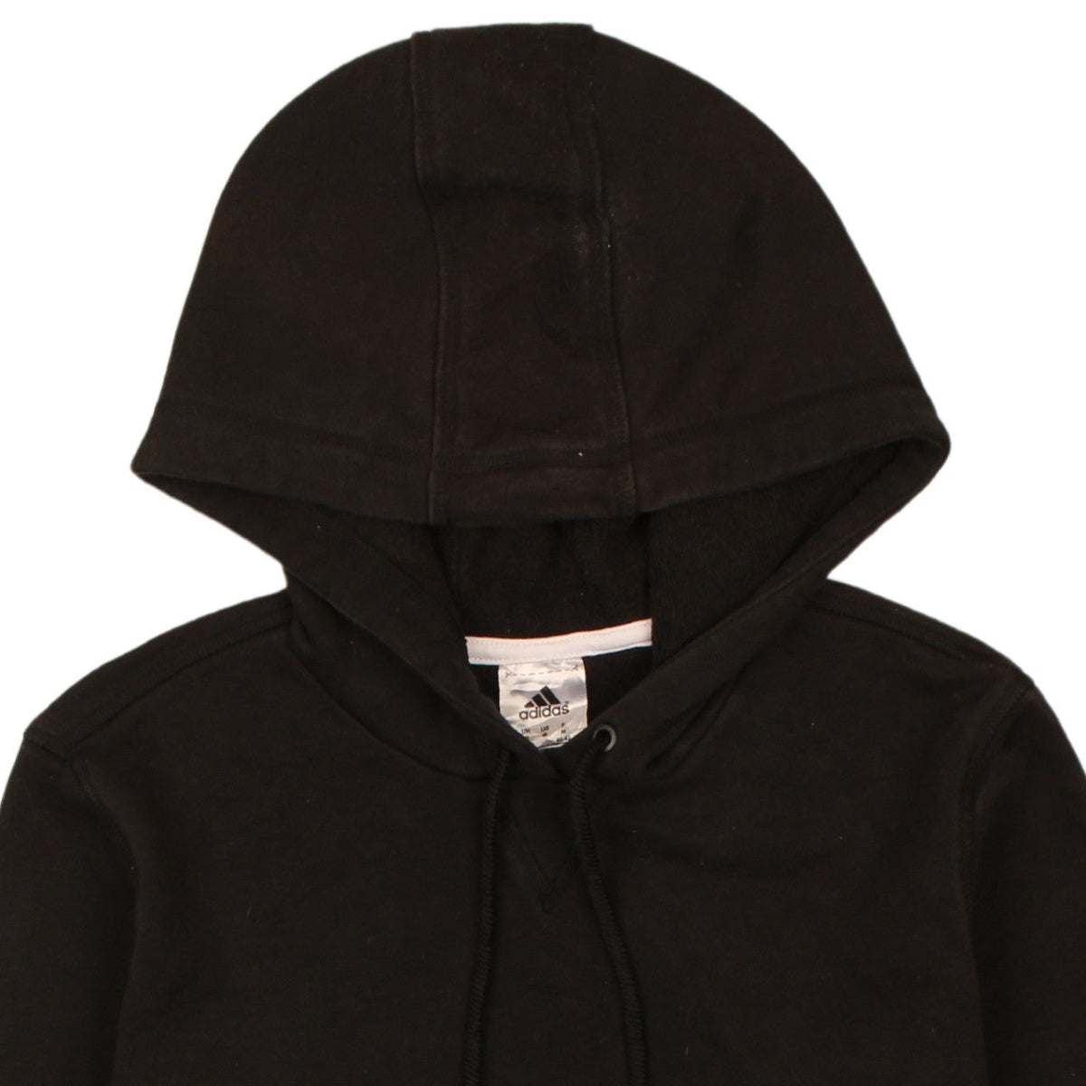 Brand and care label for Adidas girls’ black hoodie medium 12-14 years pullover long sleeve