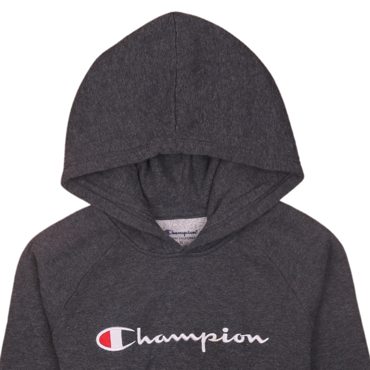 Brand and care label for Champion boys’ grey xl pullover hoodie fleece sweatshirt with logo