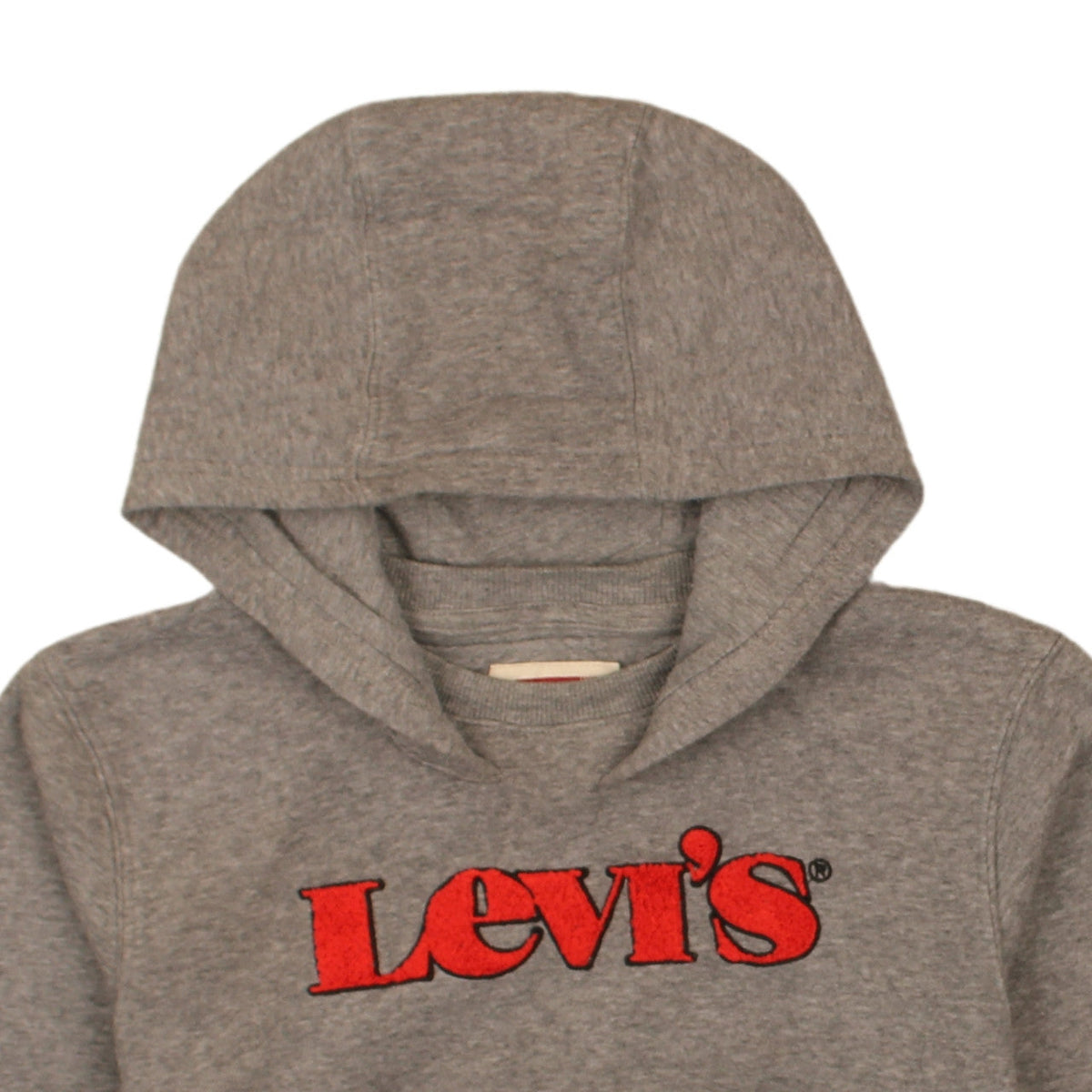 Brand and care label for Levi's boys’ grey pullover hoodie 12 years graphic logo hooded sweatshirt