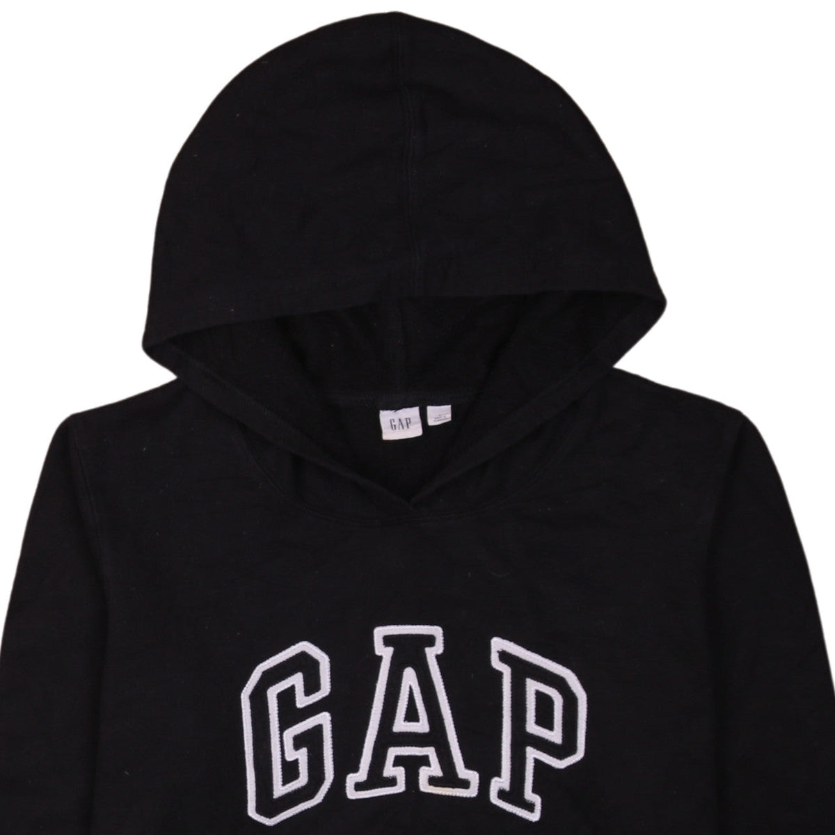 Brand and care label for Gap girls’ black pullover hoodie l embroidered logo casual fleece