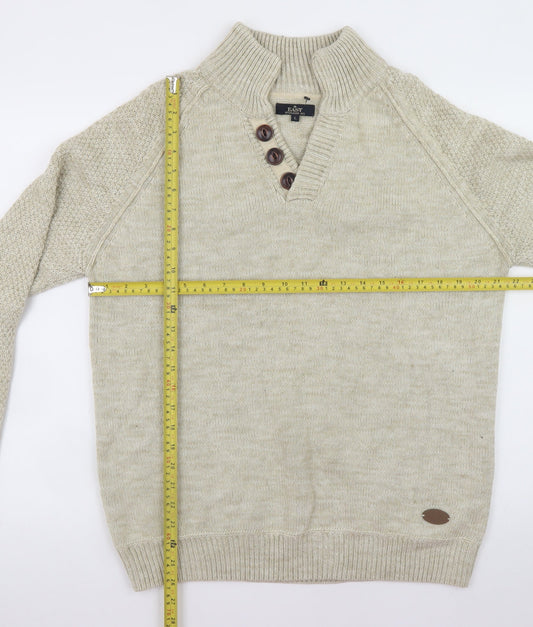EASY Men's Beige Henley Jumper L Wool Blend Knit