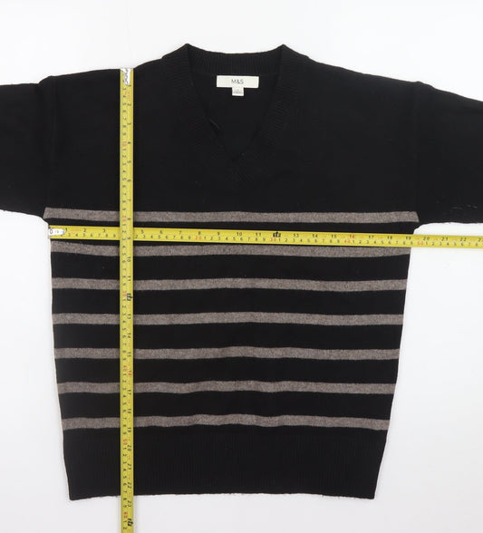 Marks and Spencer Women's Black Striped V-Neck Jumper Size S