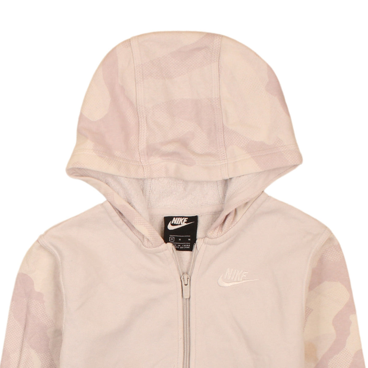 Brand and care label for Nike girls’ beige camouflage full zip hoodie m fleece lined sweatshirt
