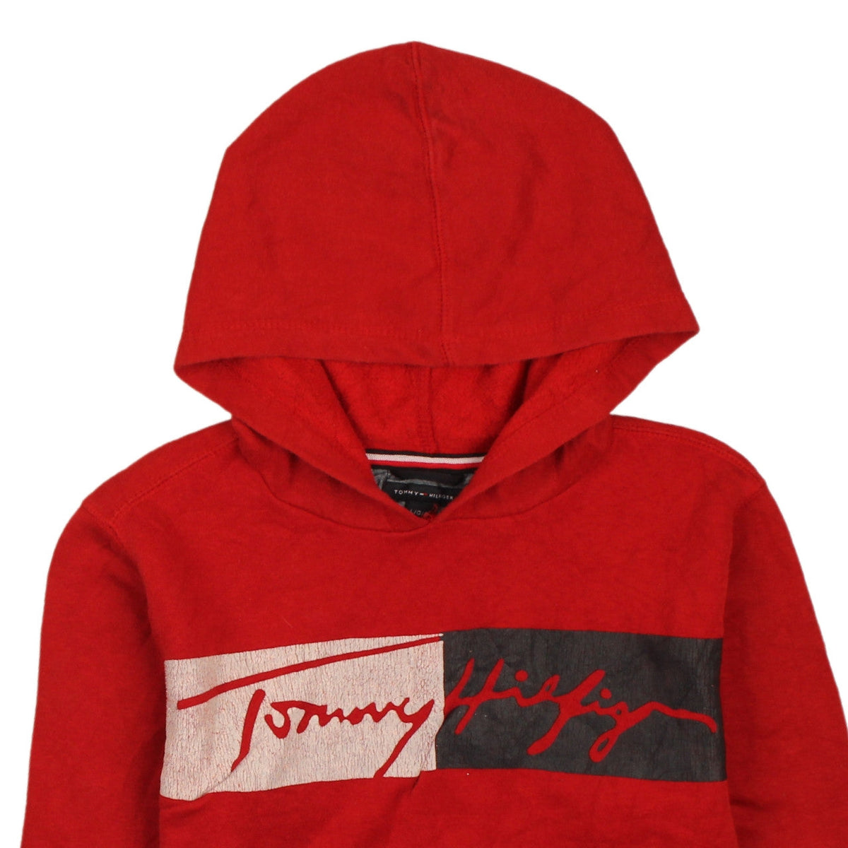 Brand and care label for Tommy Hilfiger boys’ red hoodie 16 years pullover fleece graphic logo