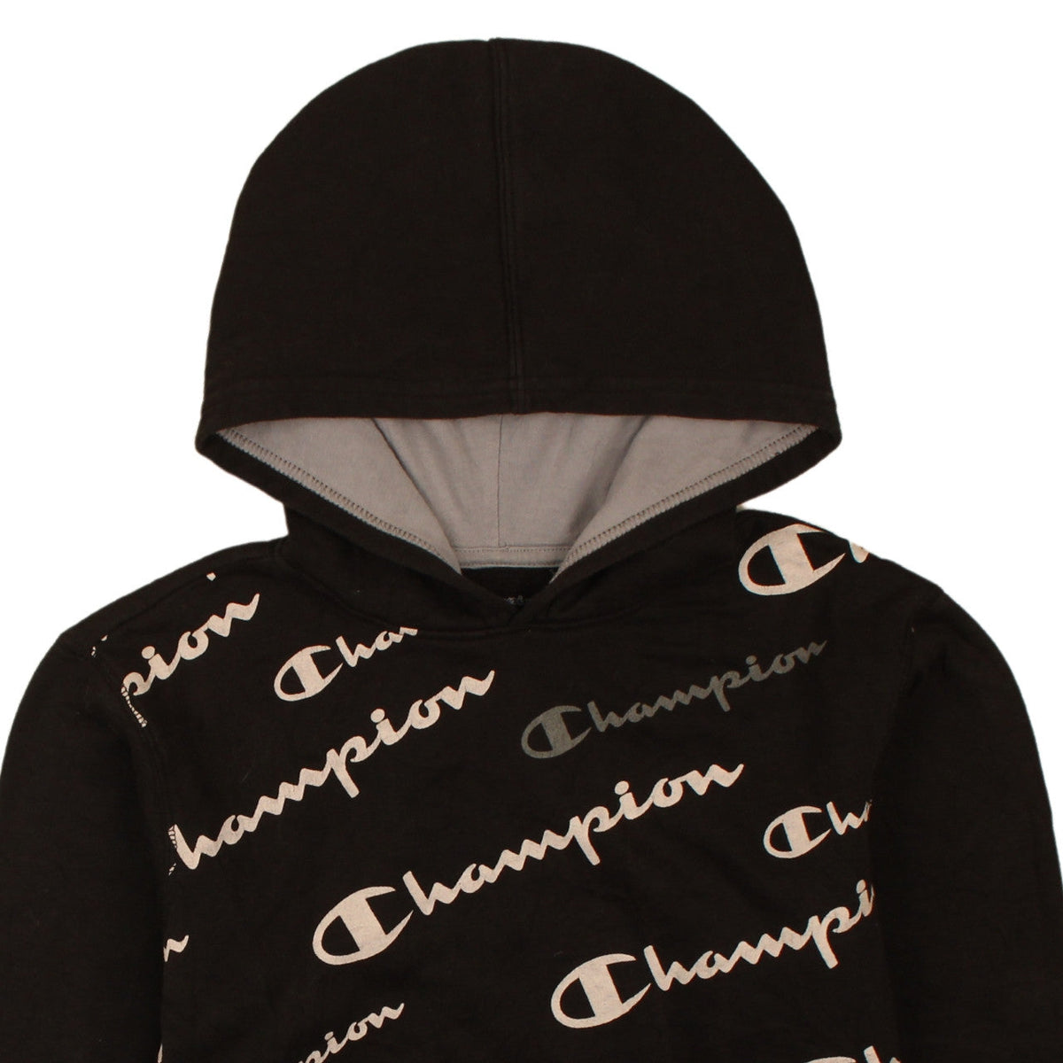 Brand and care label for Champion boys’ black xl pullover fleece hoodie with logo print