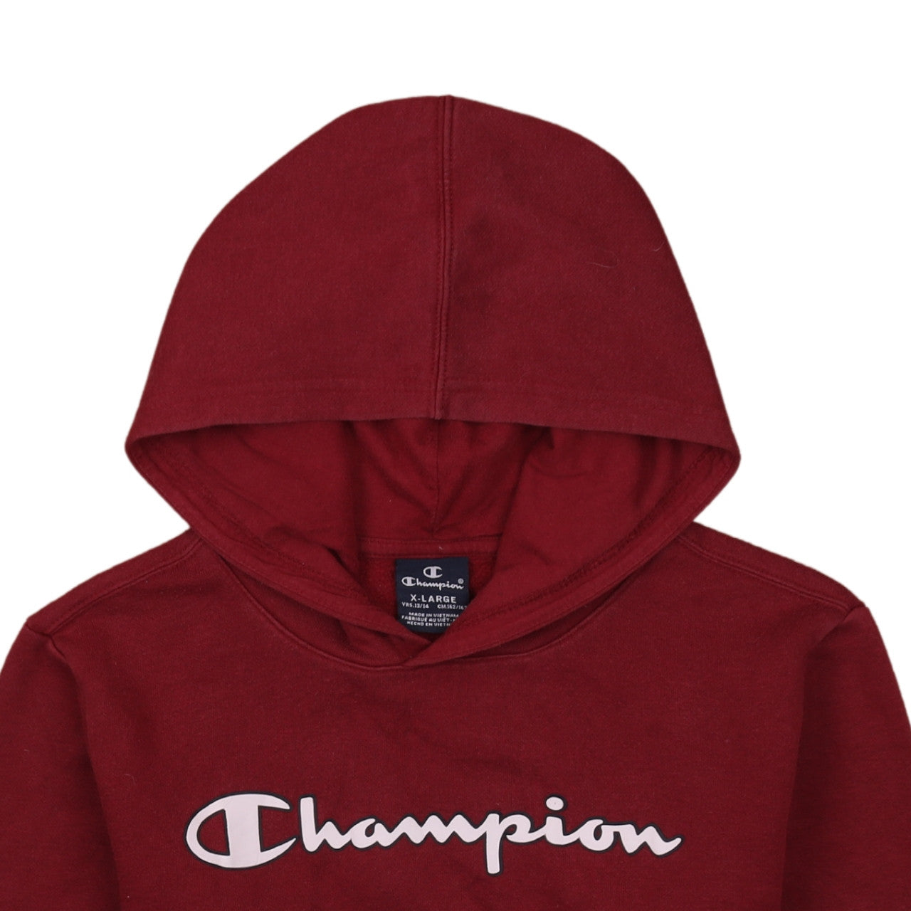 Brand and care label for Champion boys’ red pullover hoodie 13-14 years graphic logo fleece