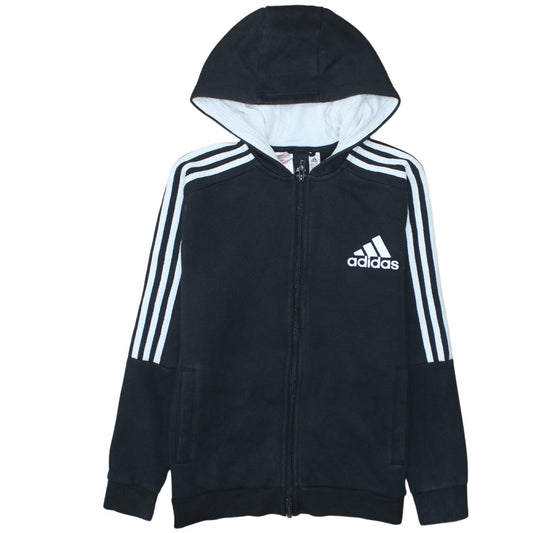 Additional front view of Adidas boys’ black full zip hoodie, size 13-14, years cotton blend sportswear