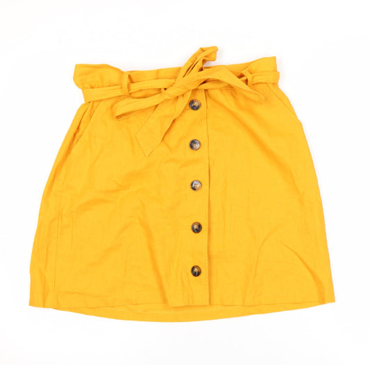 Additional front view of ASOS Women Yellow Linen A-Line Button Belted Skirt, size 14
