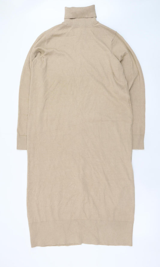 Additional front view of b.young Women’s Beige Roll Neck Midi Knit Sweater Dress M
