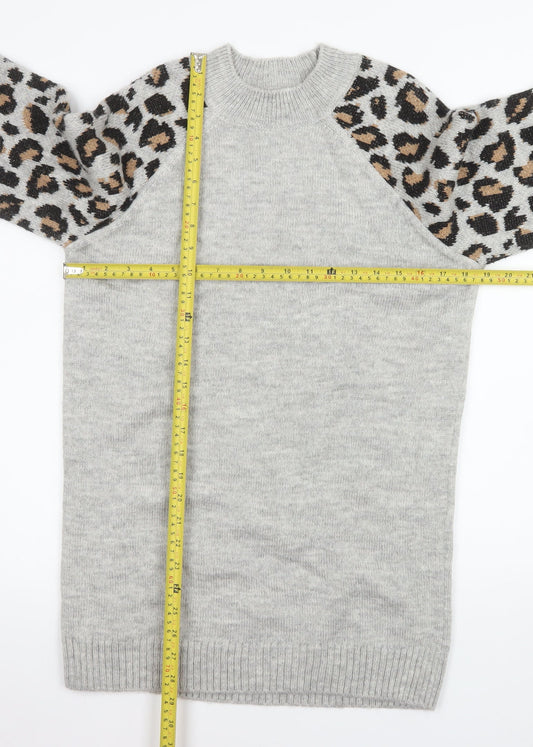 Tu Women Grey Leopard Sleeve Crew Neck Long Sleeve Jumper Size 12