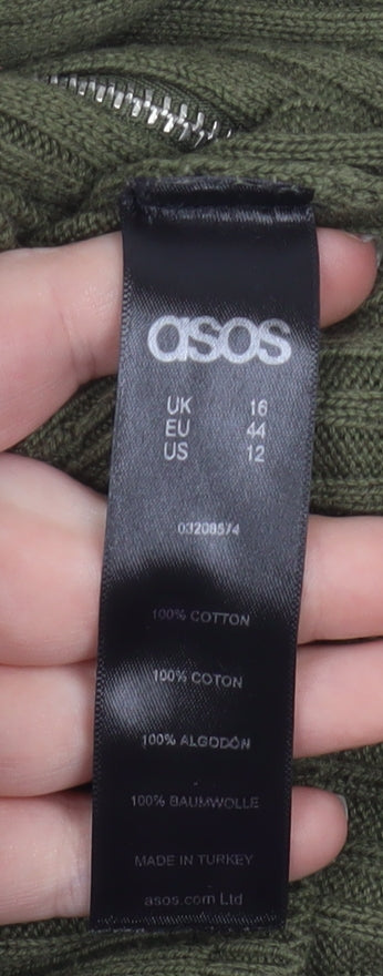 Brand and care label for ASOS Women’s Green Ribbed Cotton Zip-Up Knit Jacket, size UK 16