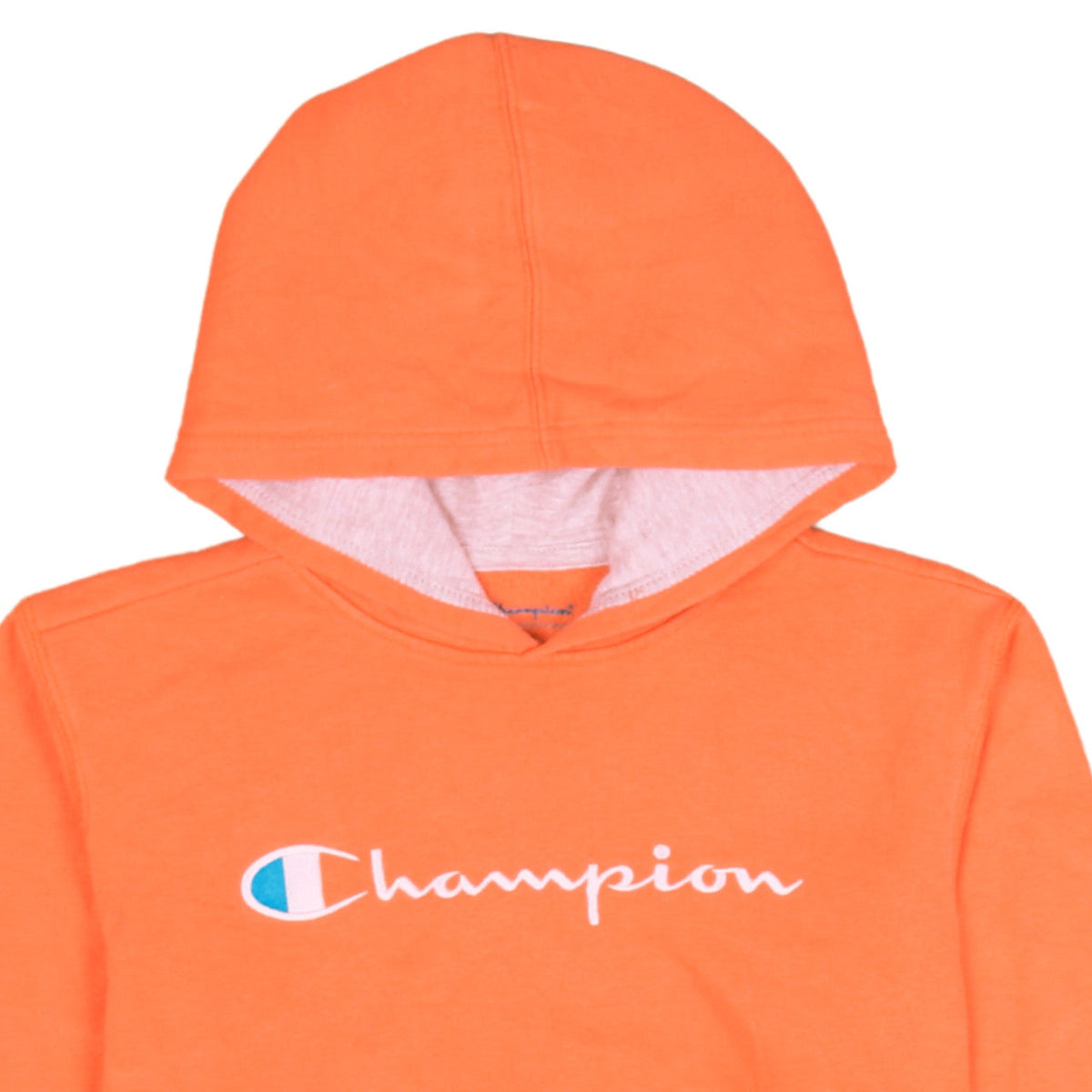 Brand and care label for Champion boys’ orange xl pullover hoodie fleece sweatshirt logo print