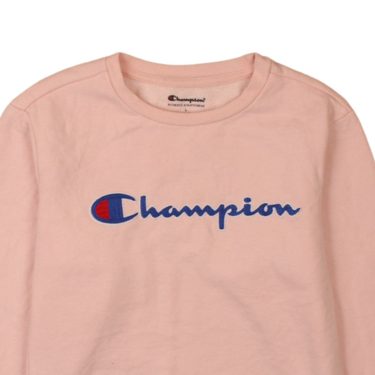 Brand and care label for Champion girls’ pink crew neck pullover sweatshirt l embroidered logo cotton blend