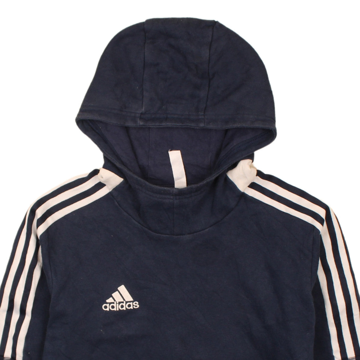 Brand and care label for Adidas boys’ navy blue pullover hoodie sweatshirt, size 13-14, years